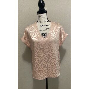 Shein Pink Leopard Print Satin Short Sleeve V-Neck Blouse Size S
